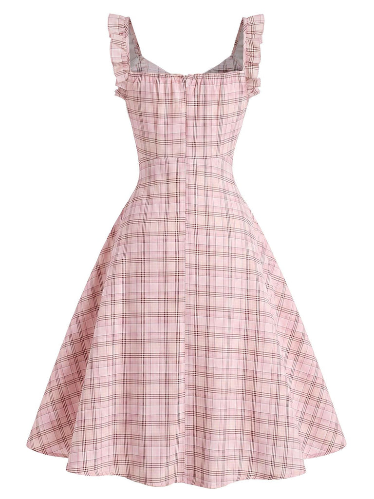 Pink 1950s Plaid Rosette Bow Ruffle Sleeve Dress