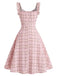 Pink 1950s Plaid Rosette Bow Ruffle Sleeve Dress