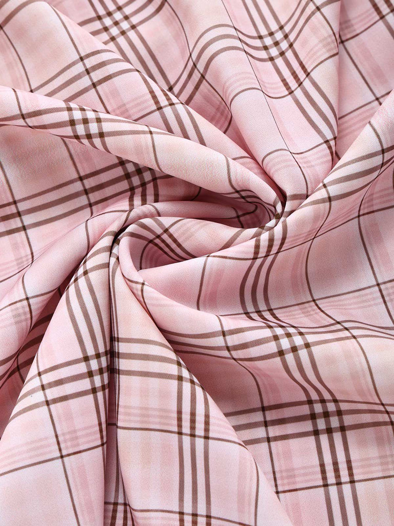 Pink 1950s Plaid Rosette Bow Ruffle Sleeve Dress