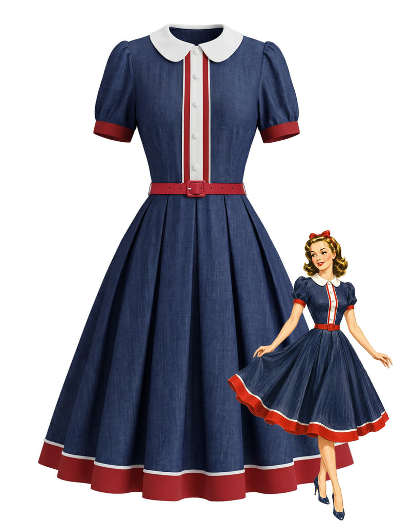 [Pre-Sale] Red Blue White 1940s Ruffle Patchwork Dress