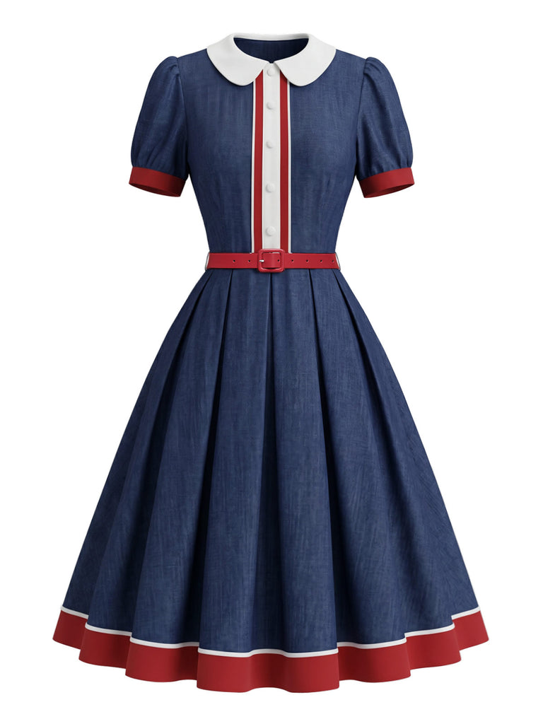 [Pre-Sale] Red Blue White 1940s Ruffle Patchwork Dress 3