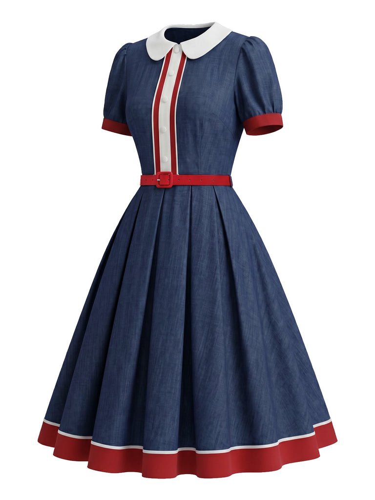 [Pre-Sale] Red Blue White 1940s Ruffle Patchwork Dress 4