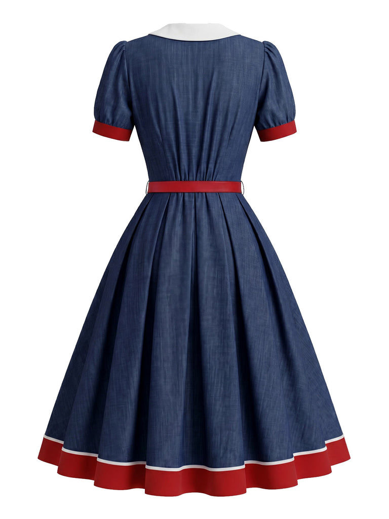 [Pre-Sale] Red Blue White 1940s Ruffle Patchwork Dress 5