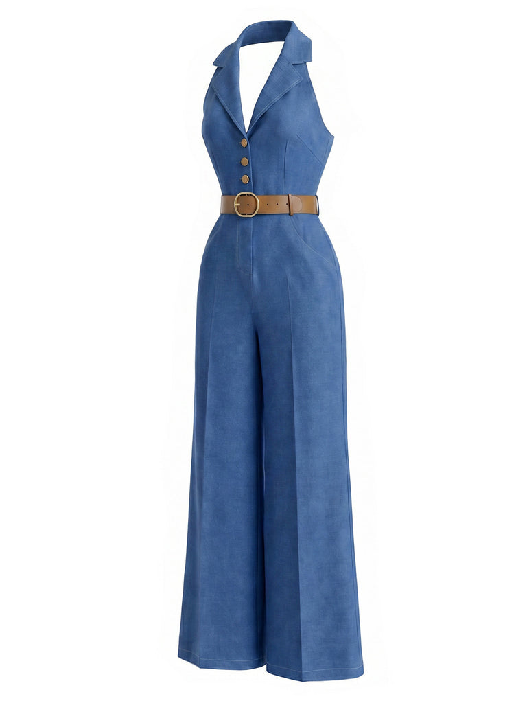 [Pre-Sale] Dark Blue 1970s Denim Belted Jumpsuit 3