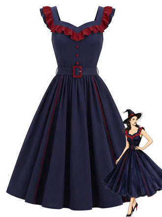 [Pre-Sale] Dark Blue 1950s Ruffle V-Neck Belted A-Line Dress