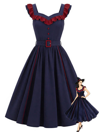 [Pre-Sale] Dark Blue 1980s Ruffle V-Neck Belted A-Line Dress
