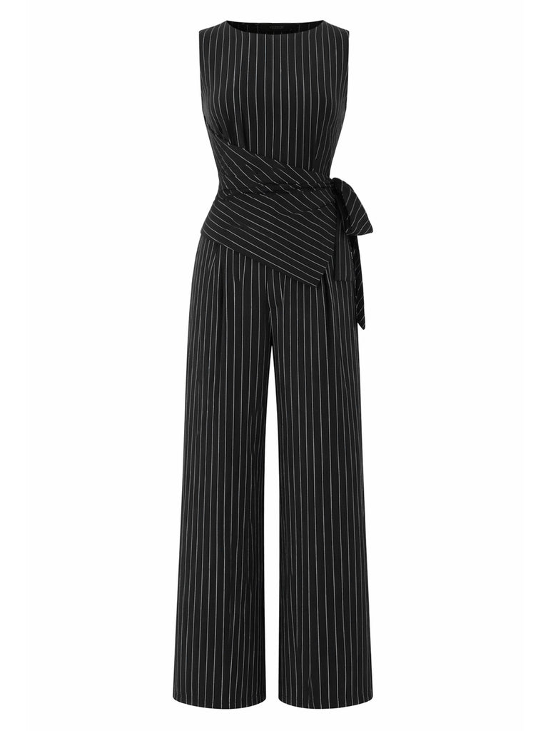 [Pre-Sale] Black 1930s Knit Pinstripe Asymmetric Top & Wide Leg Pants