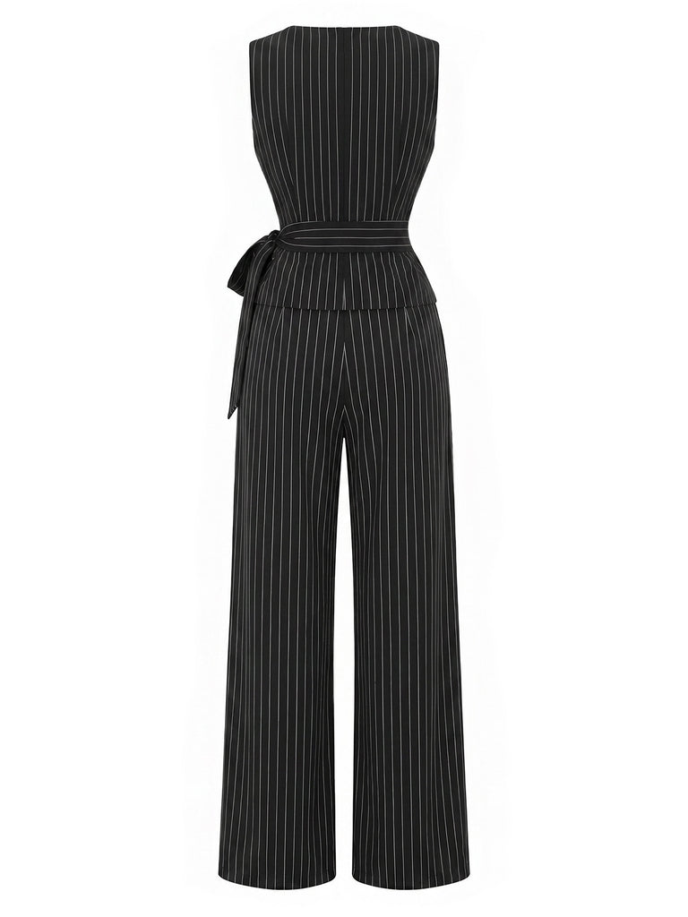 [Pre-Sale] Black 1930s Knit Pinstripe Asymmetric Top & Wide Leg Pants