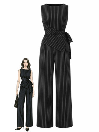 [Pre-Sale] Black 1930s Knit Pinstripe Asymmetric Top & Wide Leg Pants