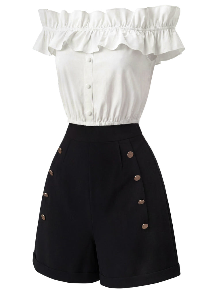 [Pre-Sale] 2PCS 1950s Button Off-Shoulder Ruffle Crop Top & Shorts