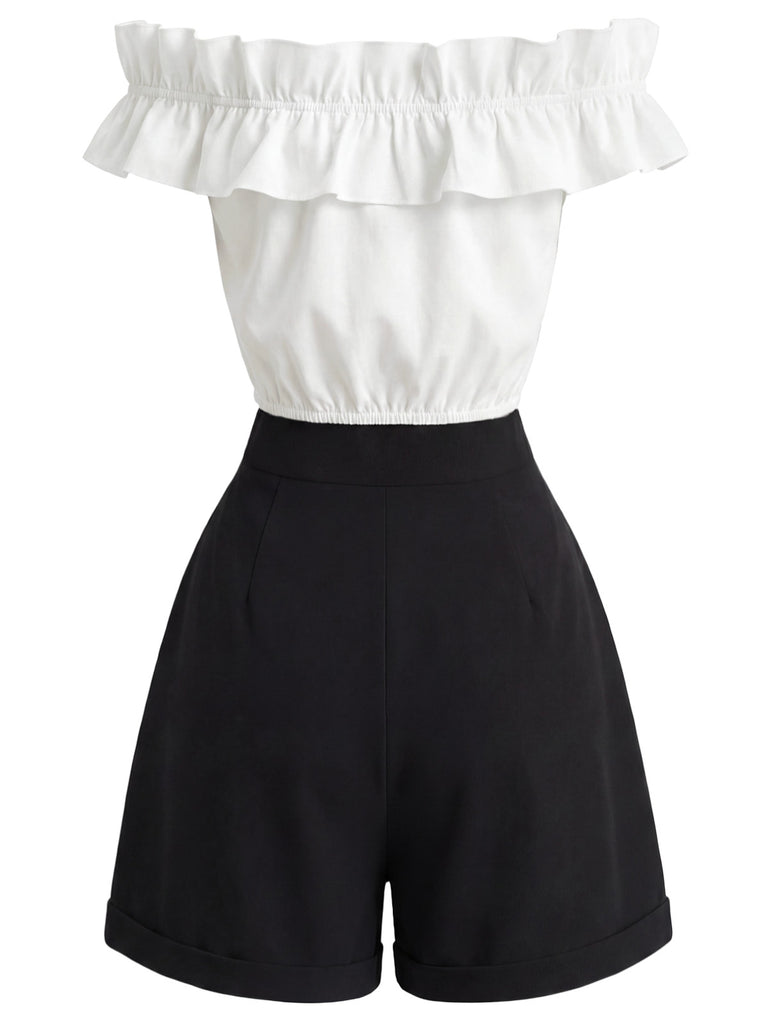 [Pre-Sale] 2PCS 1950s Button Off-Shoulder Ruffle Crop Top & Shorts