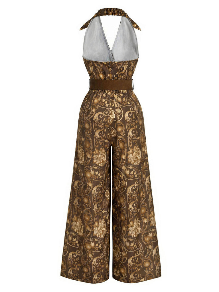 [Pre-Sale] Dark Brown 1970s Floral V Neck Belted Jumpsuit 4