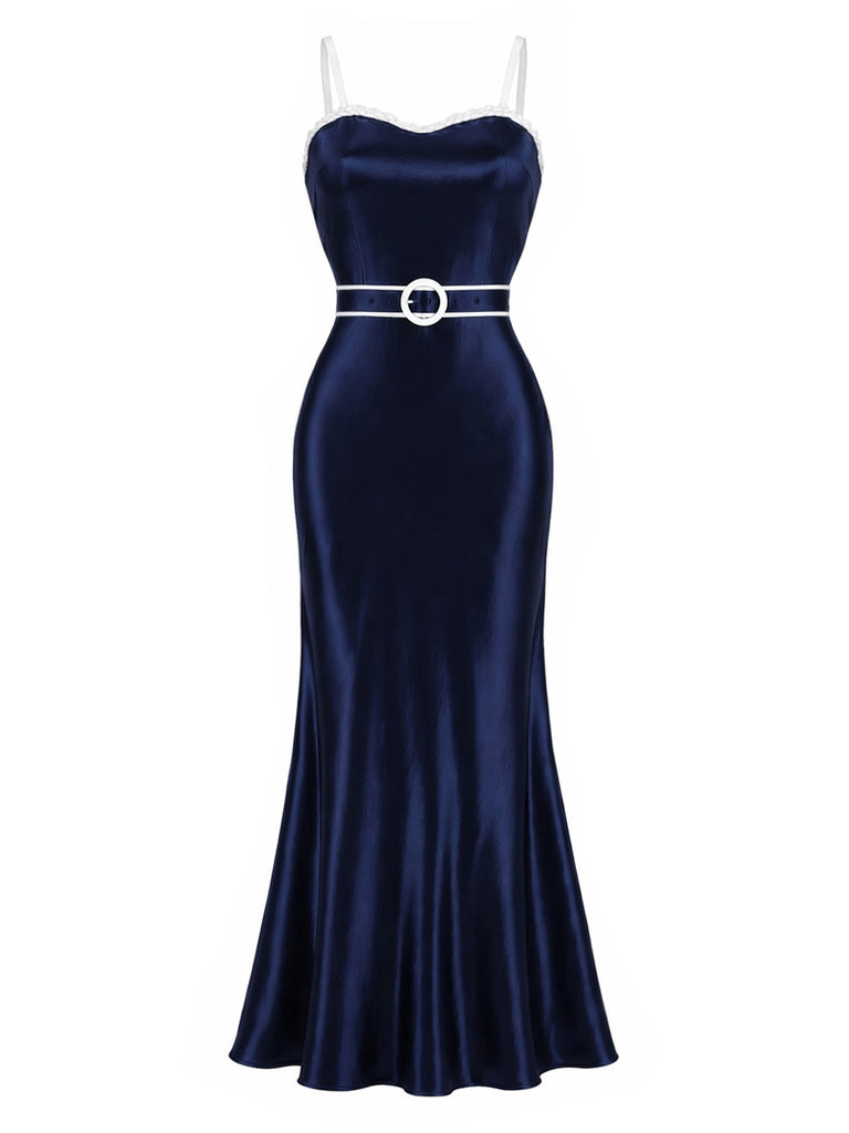[Pre-Sale] Dark Blue 1920s Belted Satin Dress 2