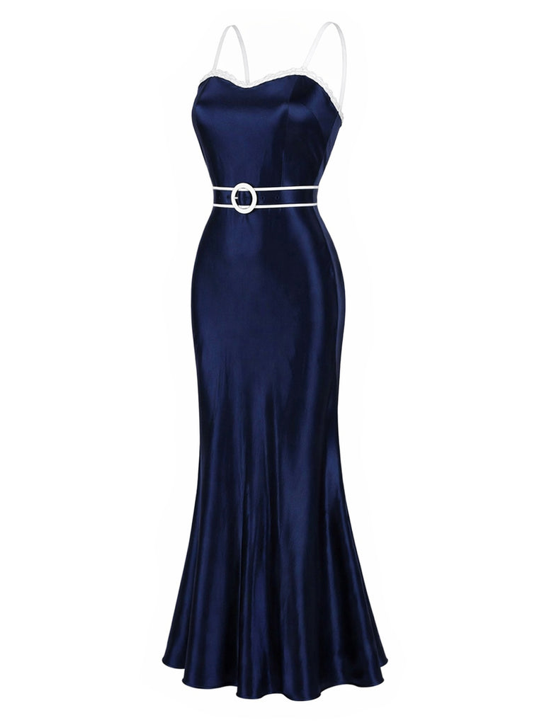 [Pre-Sale] Dark Blue 1920s Belted Satin Dress 3