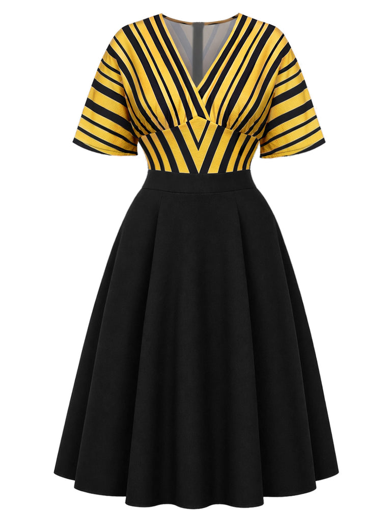 [Pre-Sale] Plus Size Bgo 1960s Floral V Neck Striped Dress 2