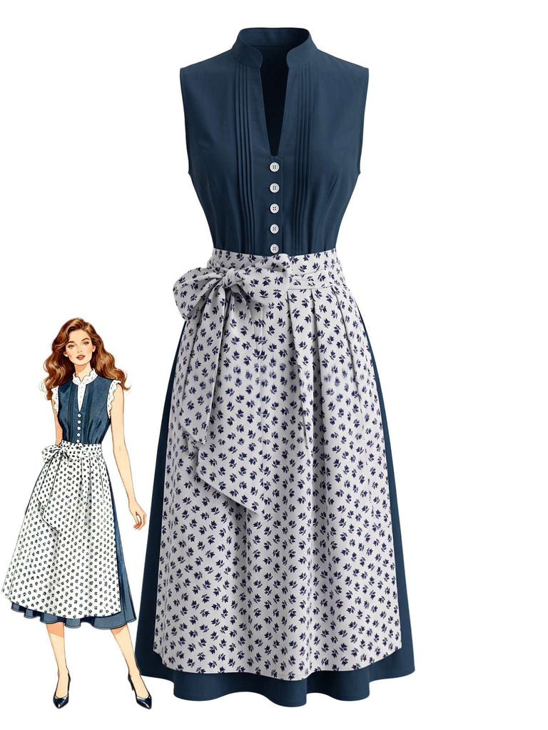 2PCS Blue 1950s Sleeveless Dress & Floral Apron