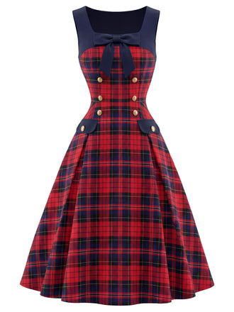 [Pre-Sale] 1950s Tartan Plaid Bow Square-Neck Double-Breasted Dress