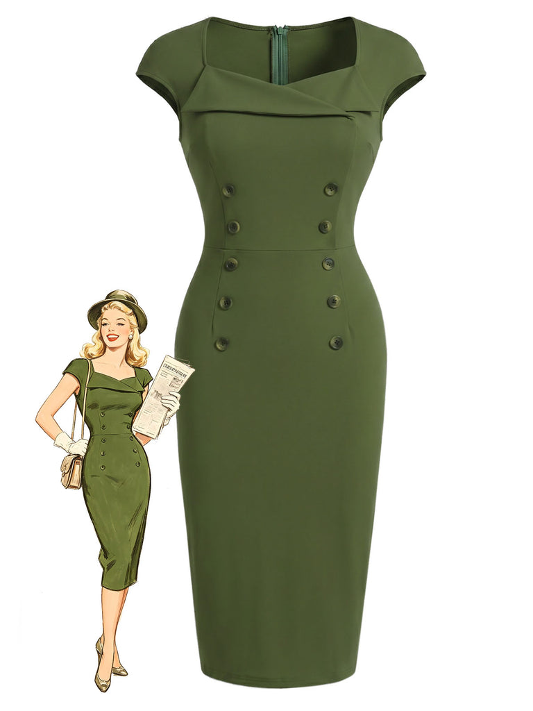 Retro Stage Vintage Solid Sweetheart Neck Button Pencil Dress Green