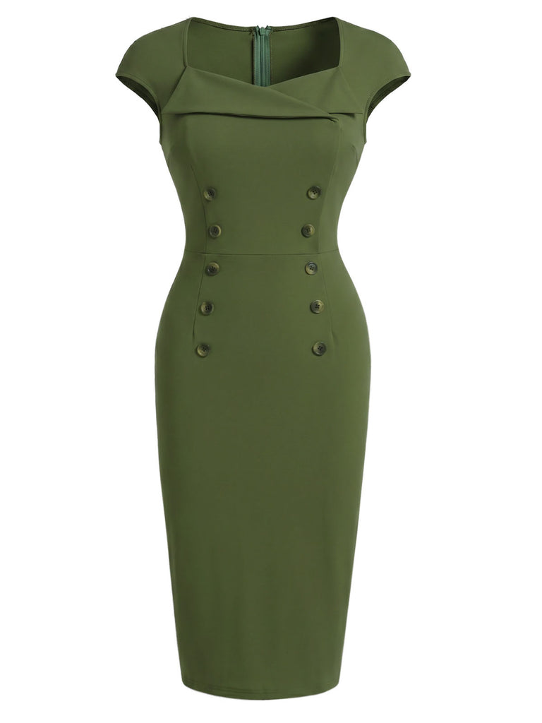 Retro Stage Vintage Solid Sweetheart Neck Button Pencil Dress Green