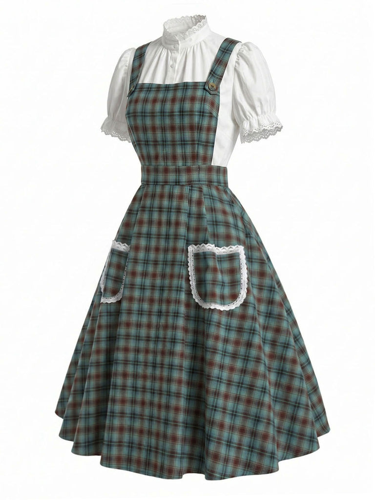 [Pre-Sale] 2PCS Green 1950s Plaid Lace Pocket Pinafore Dress & White Top