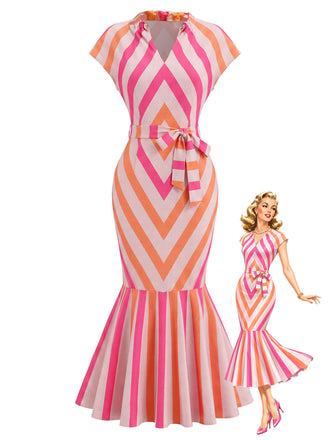 [Pre-Sale] Orange Red 1960s Floral Striped Dress