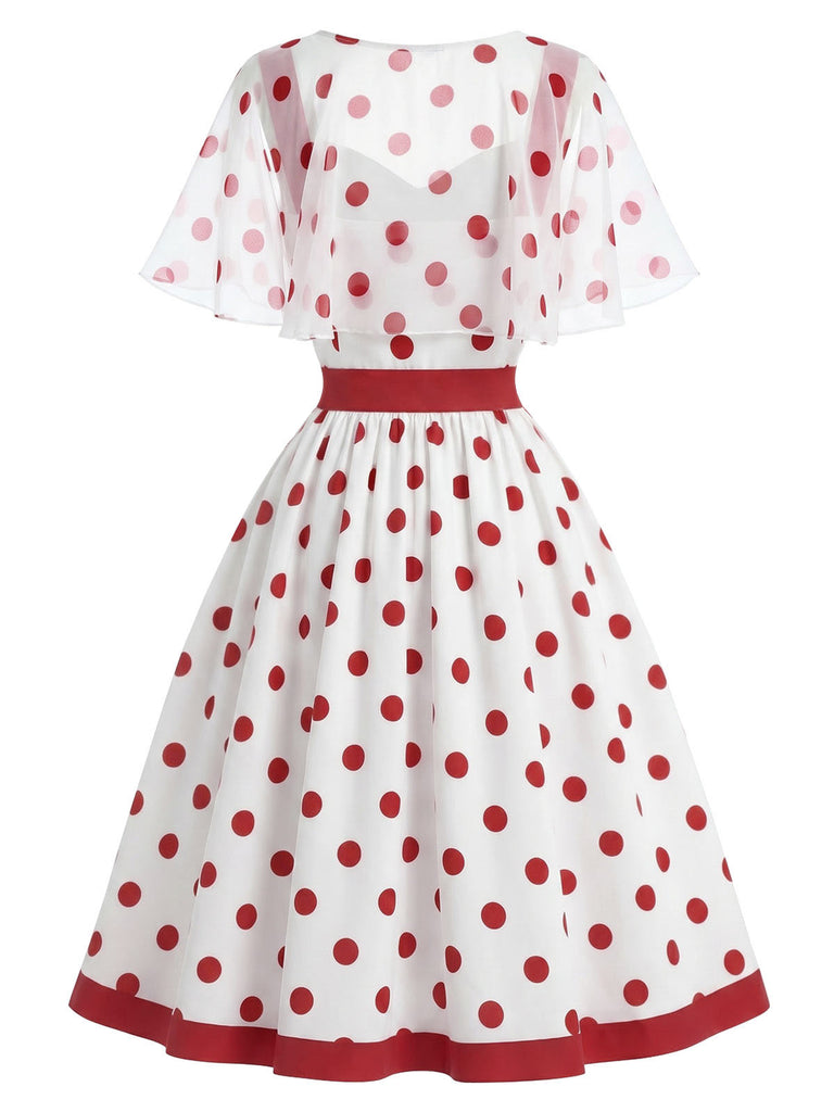 Pre-Sale] Red White 1950s Polka Dot Dress with Detachable Mesh Cape