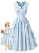 [Pre-Sale] Light Blue 1940s V Neck Striped Bow Dress