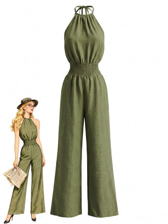 1970s Halter Smocked Waist Wide Leg Jumpsuit