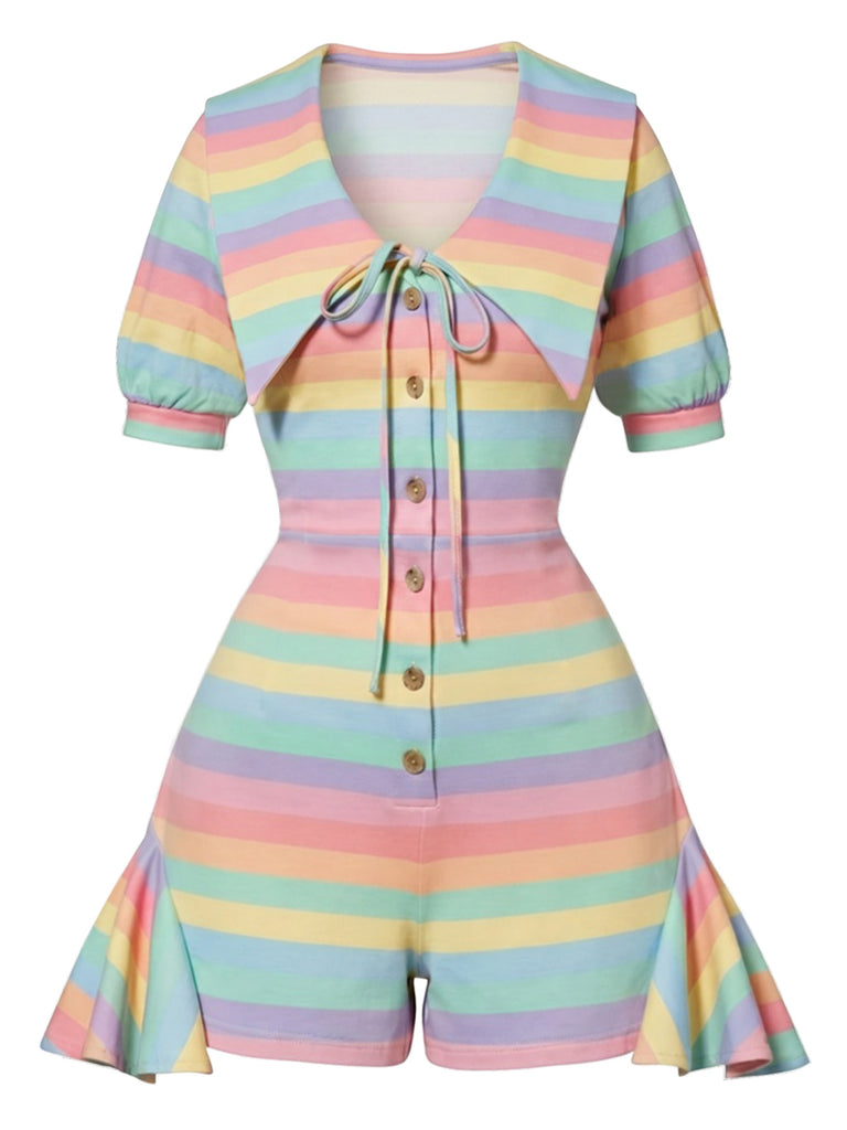 [Pre-Sale] 1960s Pastel Rainbow Stripe Chelsea Collar Ruffled Romper, vintage romper, retro jumpsuit - perfect for women who love vintage and retro fashion