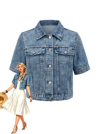 Blue 1950s Denim Lapel Button Short Jacket