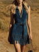 Navy Blue 1970s Vintage V Neck Dress 4
