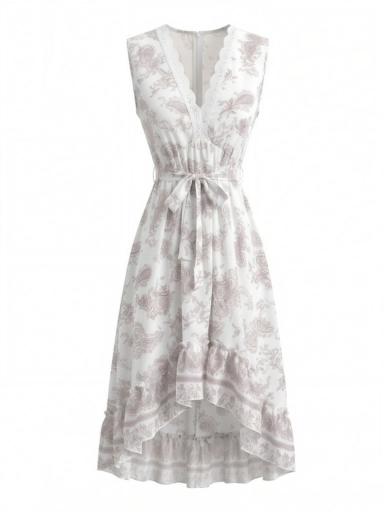 White 1970s Floral Lace V Neck Dress 2
