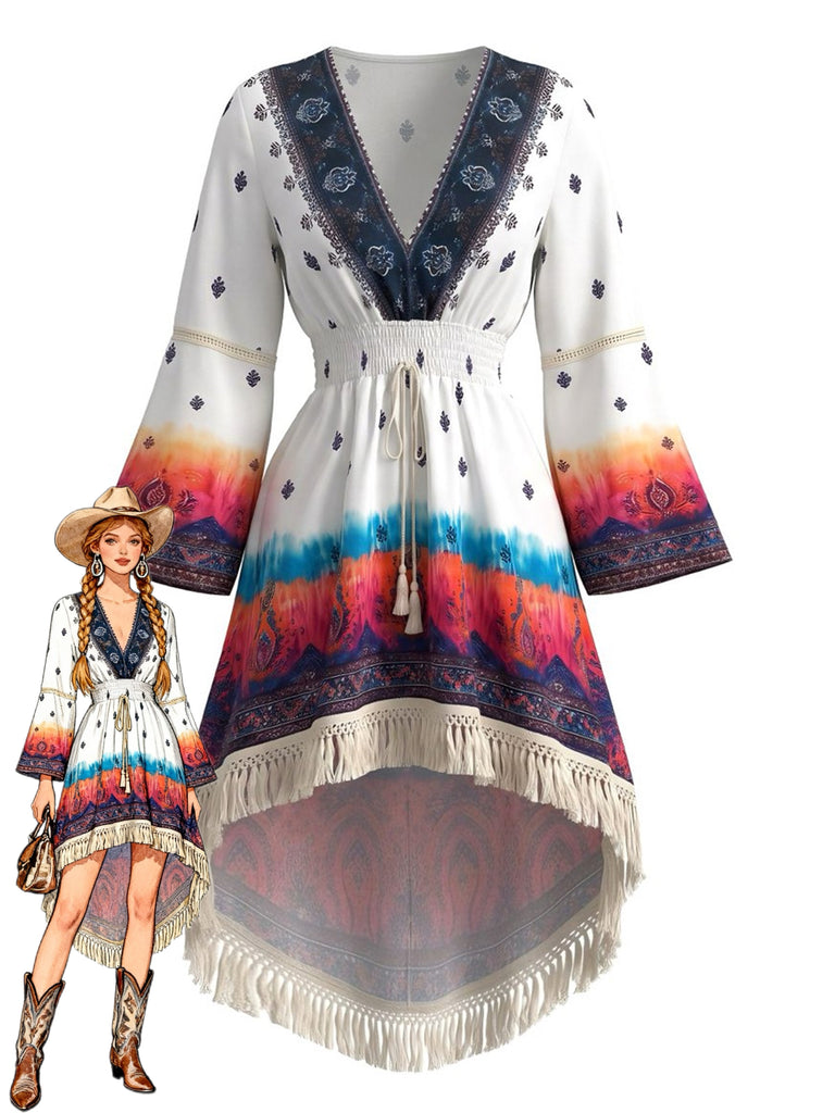 White 1970s Floral V Neck Dress