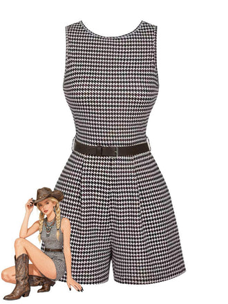 1950s Houndstooth Belted Sleeveless Romper