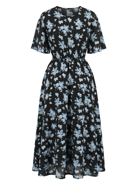 Plus Size] Black 1960s Blue Floral Short Sleeve Swing Dress