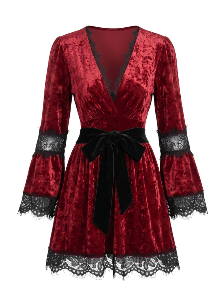 Red 1970s Lace Trim Deep V-Neck Gothic Dress