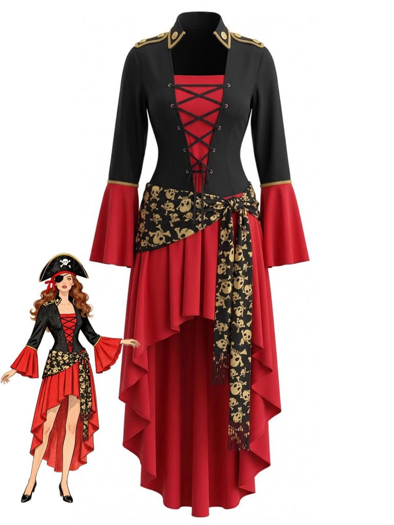 Red & Black 1940s Pirate Costume Lace-Up High Low Dress