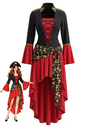 Red Black 1940s Square Neck Belted Dress