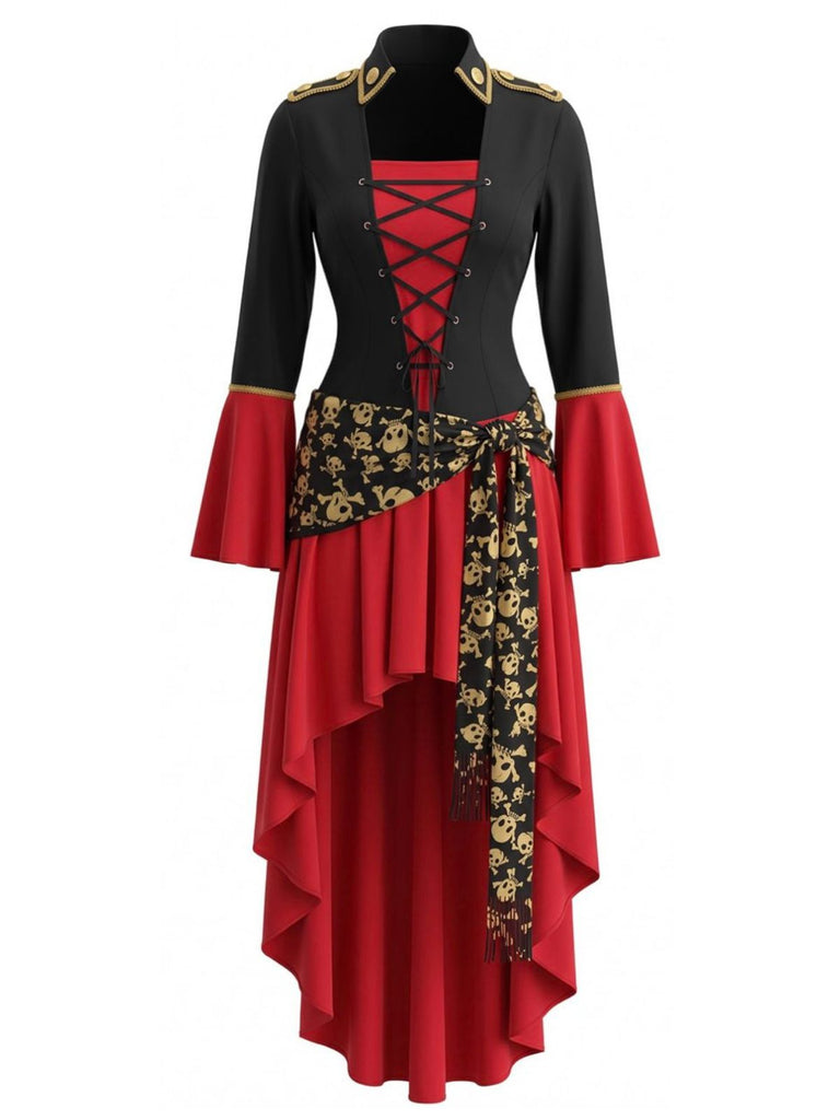 Red Black 1940s Square Neck Belted Dress 3