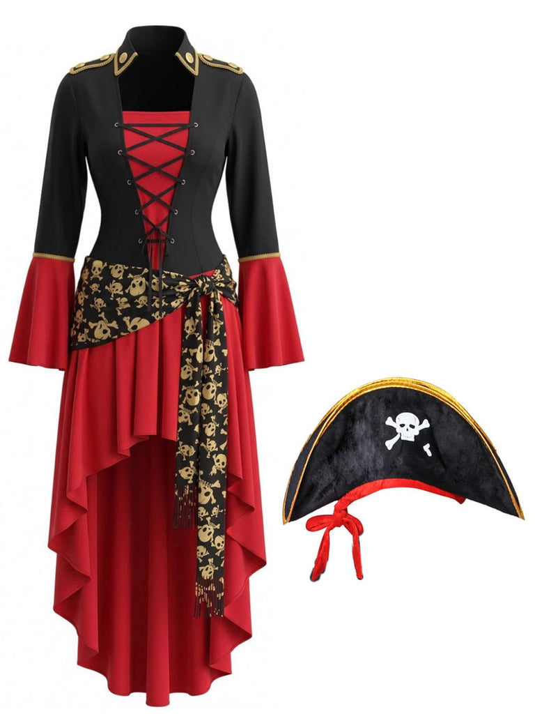 Red Black 1940s Square Neck Belted Dress 5