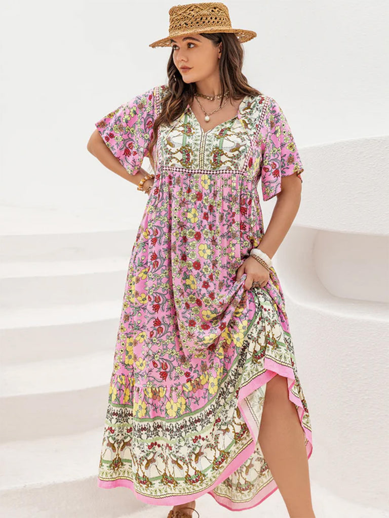 Plus Size Pink 1950s Floral V Neck Dress 3