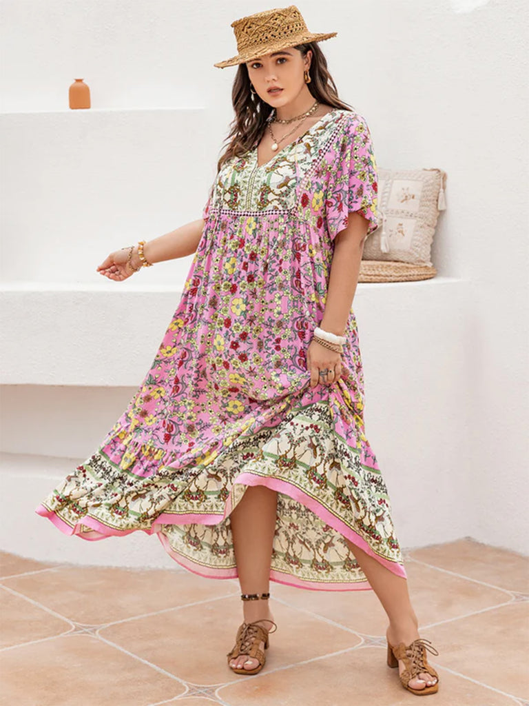 Plus Size Pink 1950s Floral V Neck Dress 4