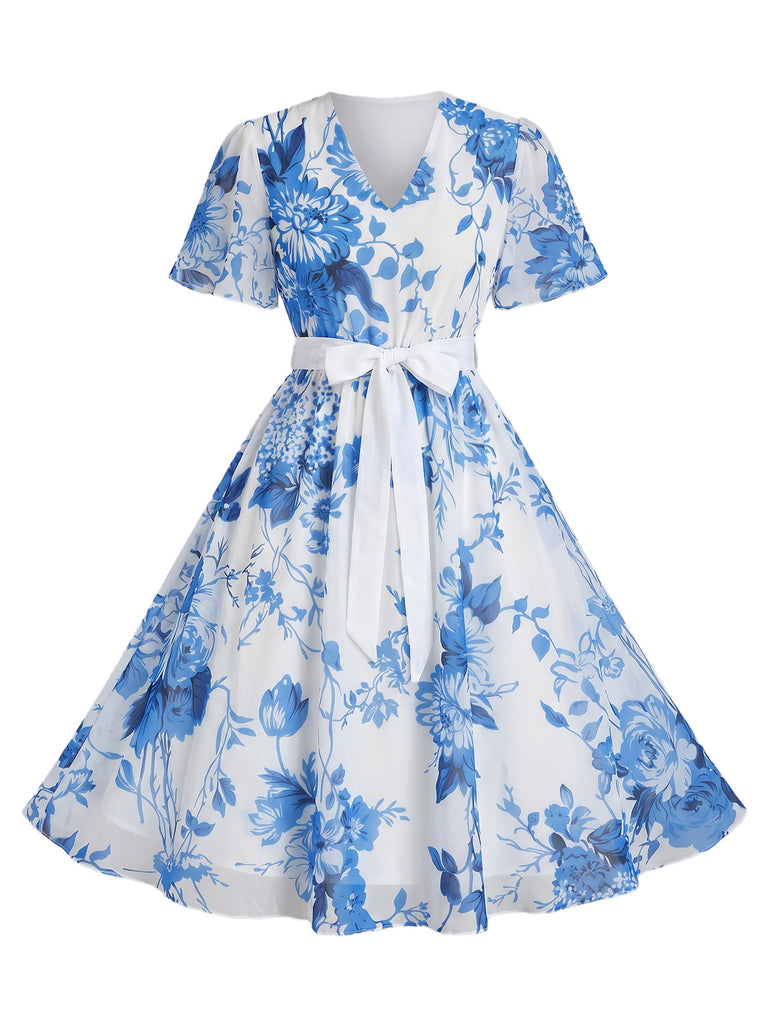 Plus Size 1950s Floral V Neck Belted Dress