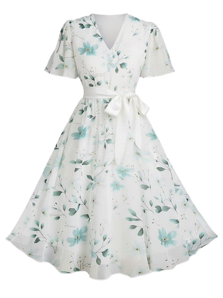 Plus Size 1950s Floral V Neck Belted Dress 4