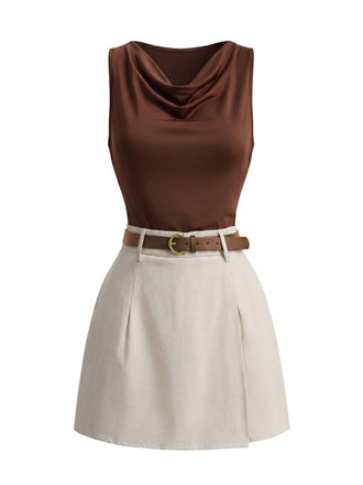 2PCS 1960s Brown Cowl Neck Top & Wrap Short Set
