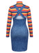 2PCS 1960s Striped High Neck Top & Overall Dress