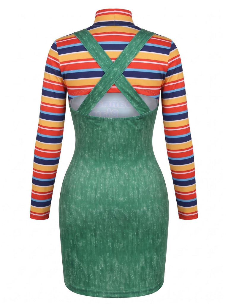2PCS 1960s Striped High Neck Top & Overall Dress