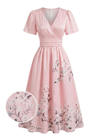 1940s Floral V-Neck High Waist Umbrella Dress