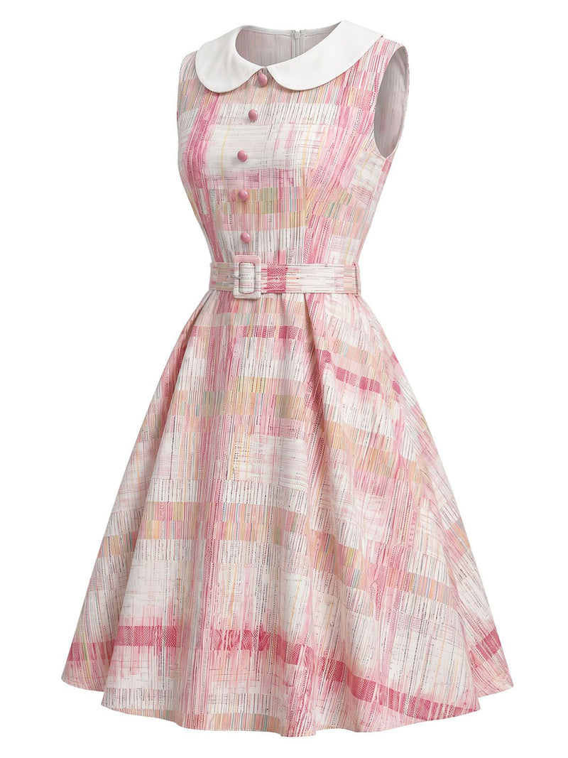 pink dress with white collar 50s Vintage Plaid Peter Pan Sleeveless Belted Midi Dress houndstooth tweed dress- Aline The classic swing dress Hierarchy:Shoes>Dress Size:L 10-12