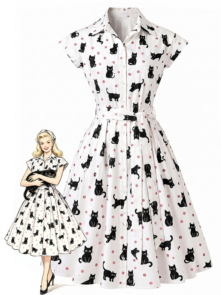 [Pre-Sale] 1950s Cat Polka Dot Belted Shirt Dress